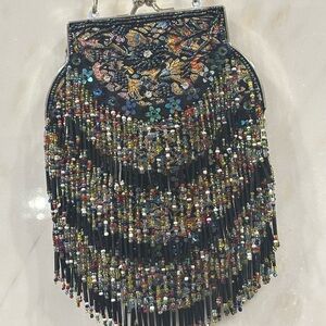 Vintage Beaded Fringe Evening Clutch Purse Flapper Art Deco w/ Chain Strap